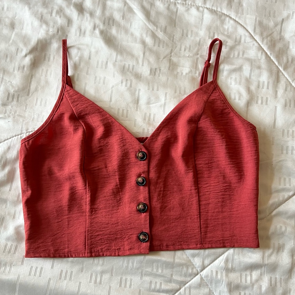 Ambition Button-Up Crop Top with Adjustable Straps in Burnt Orange